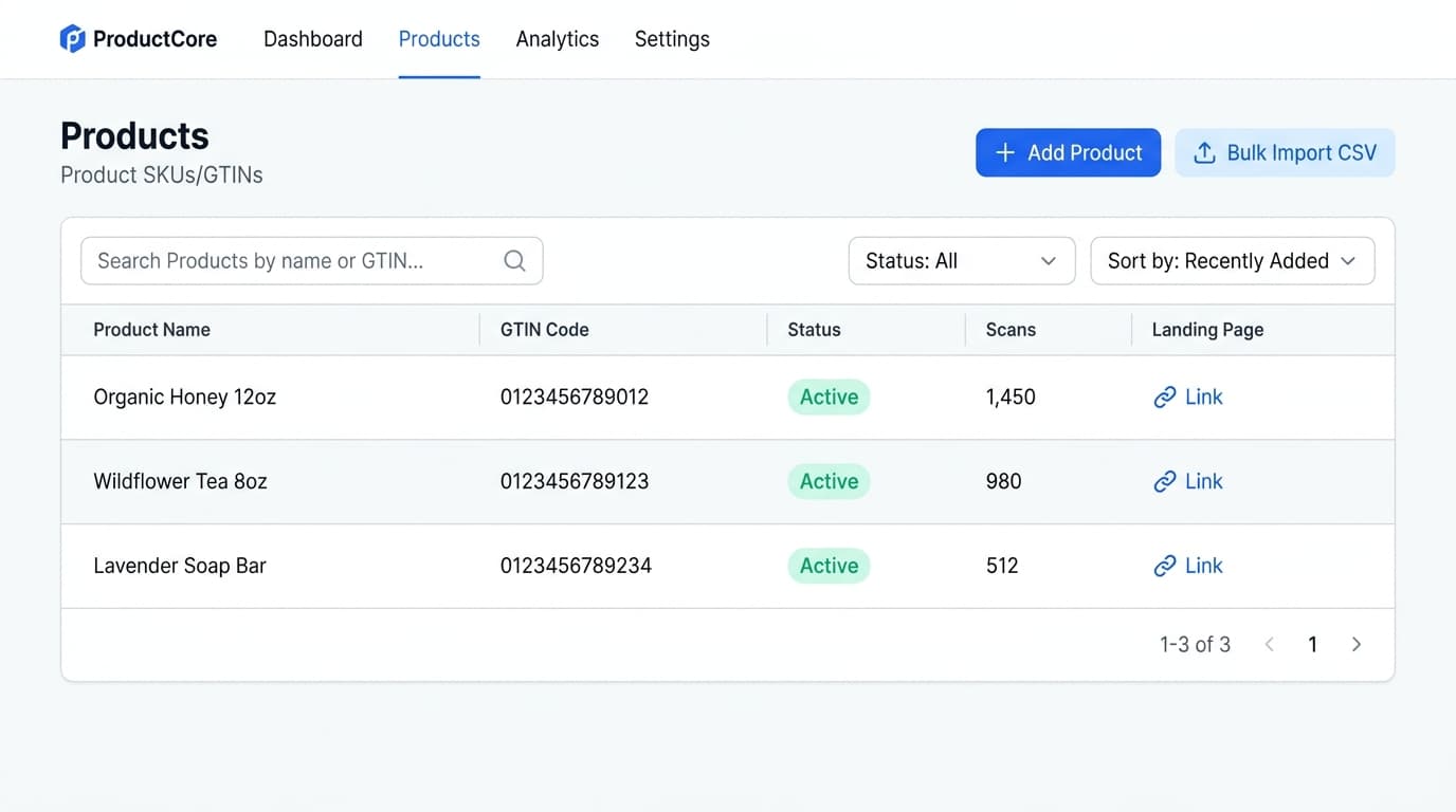 GTINrouter SKU Management Console showing bulk product table